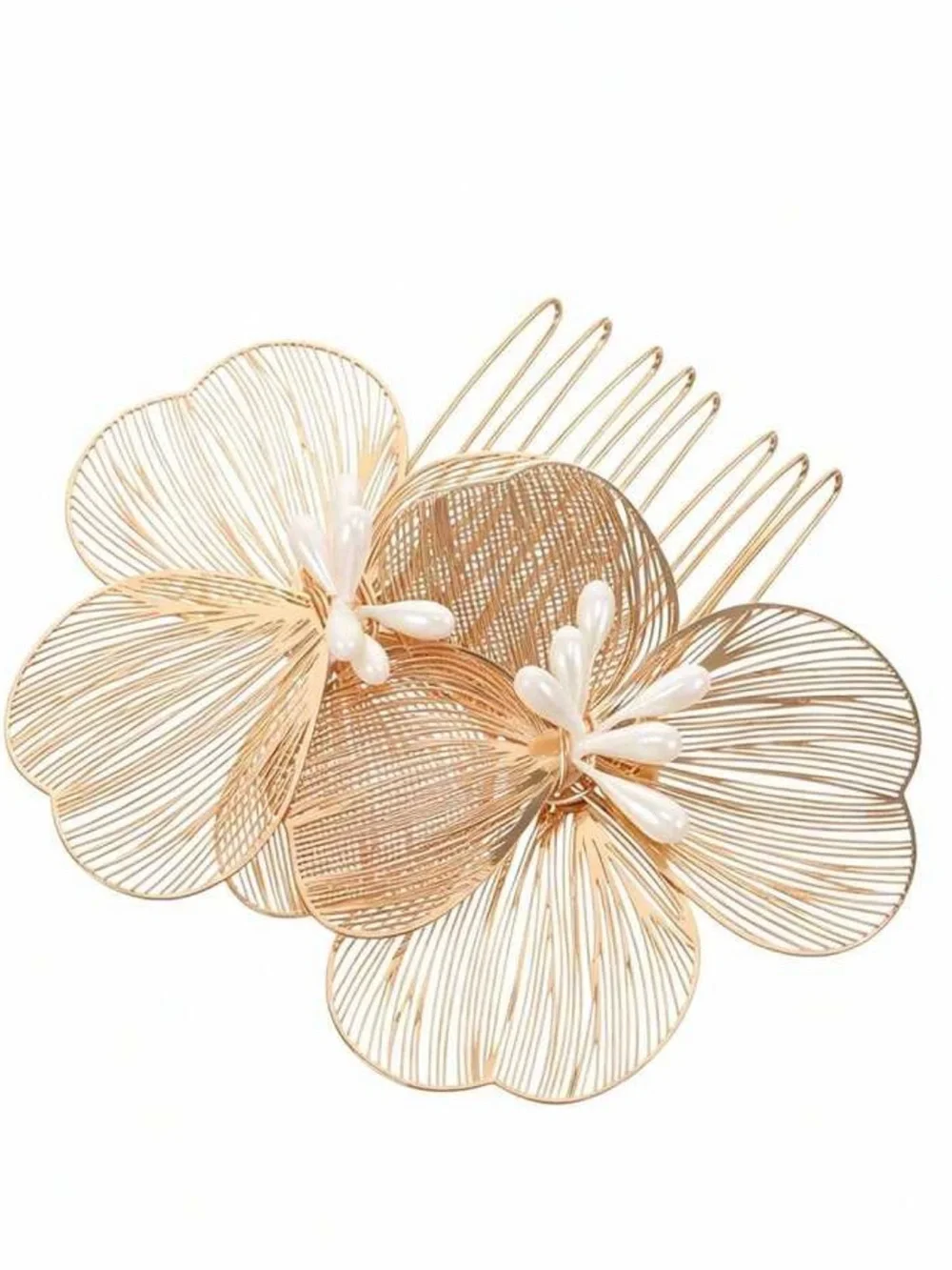 Gold Floral Wire Hair Comb with Pearl Accents